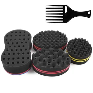 5Pcs Black Big Holes Magic Sponge Brush Set for Wavy,Coils,and Afro Hair-Hair Care Tool for Men and Women,Hair Brushes,Hair Styling Tools Set,Hand Tools Kits