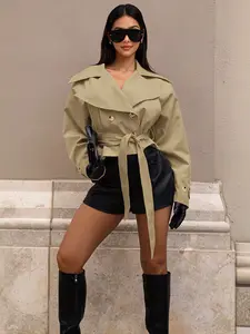Boutique Women Cropped Trench Coat Jacket with Belt, Wrap Style Short Trench Outerwear, Lightweight Windbreaker Coat for Fall Winter Street Fashion, Chic Modern Outerwear for Daily Wear