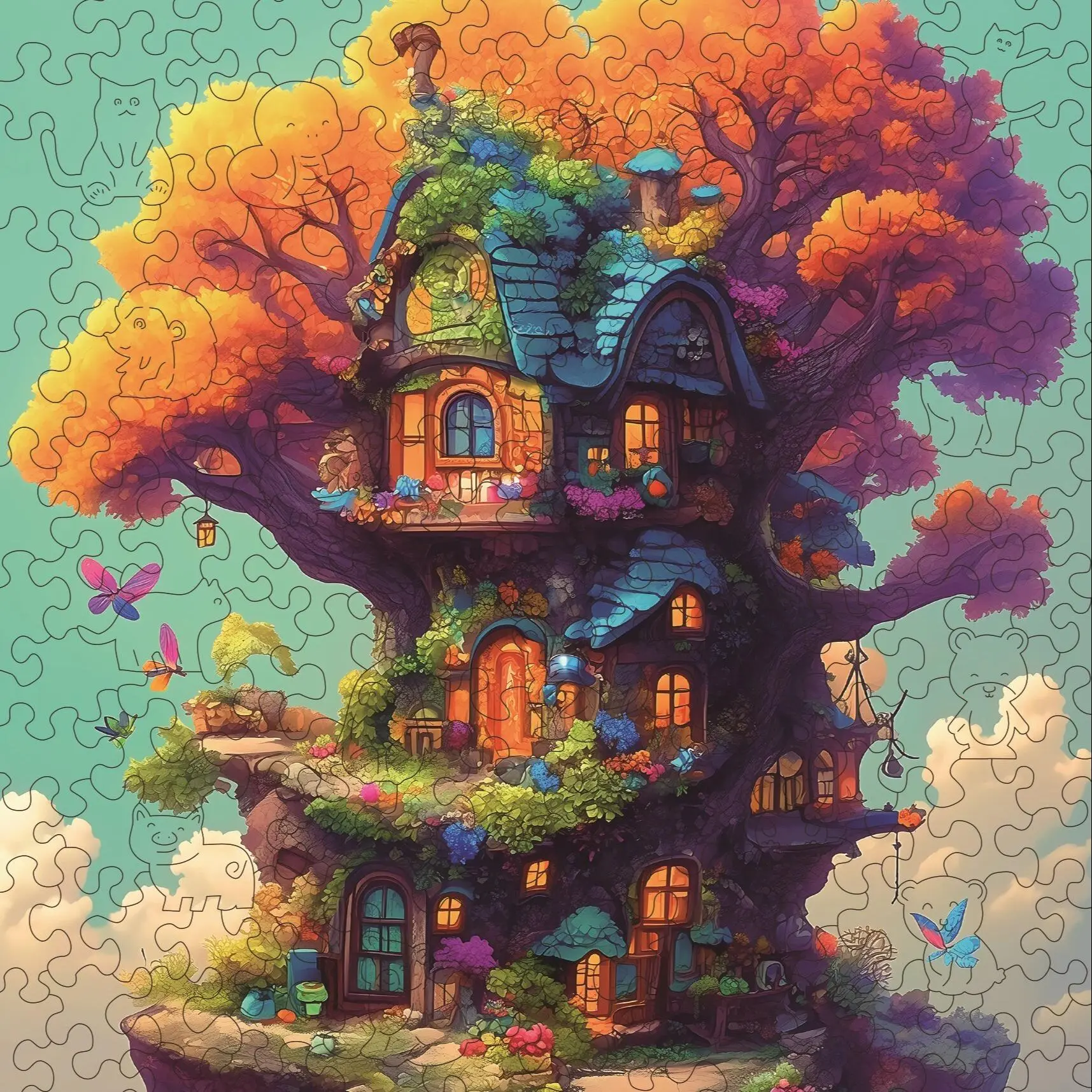 Colorful Treehouse Design Wooden Jigsaw Puzzle, Unique Shape Modern Home Decor Puzzle, Creative Gift for Adults Wooden Puzzles