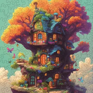 Colorful Treehouse Design Wooden Jigsaw Puzzle, Unique Shape Modern Home Decor Puzzle, Creative Gift for Adults