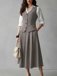 Women's Casual Vest Top with Skirt, Elegant Chic Two-Piece Set Outfit for Commuting, Slim-Fitting Button Design, All over Print Fashion Style, Womenswear, Apparel, Fitted, Clothes