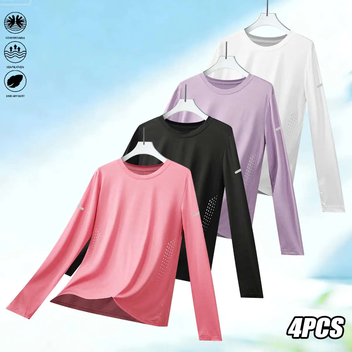 4 women’s long-sleeve T-shirts – breathable, quick-dry activewear tops with a crew neck, suitable for running, the gym, and casual wear