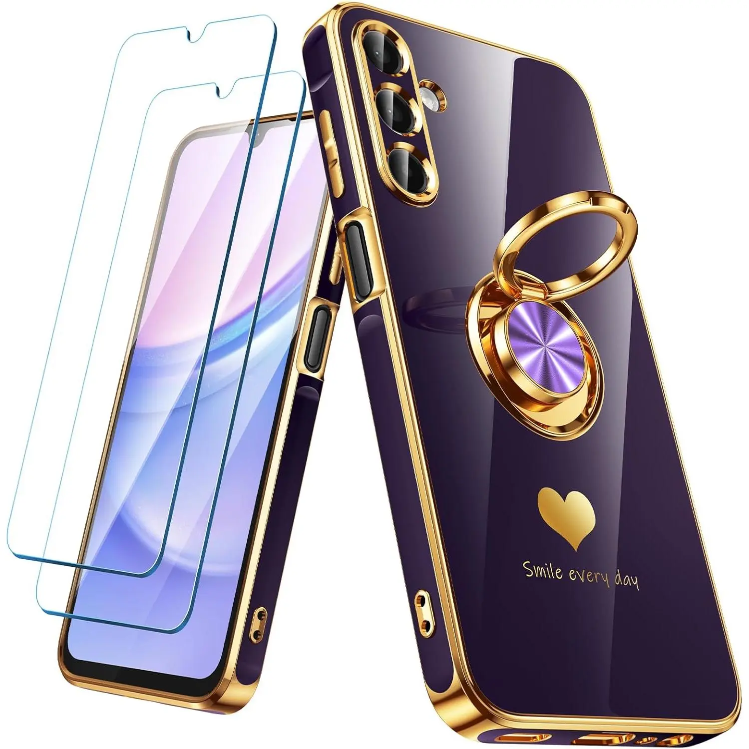 P-PCS017 Smartphone Case for Samsung Galaxy A15 5G, 2-Pack Screen Protector, 360° Rotatable Metal Ring Holder, Luxury Hearts Pattern Plating Gold Edge Slim Soft Handheld Cellphone Protection Cover - Purple, Casing