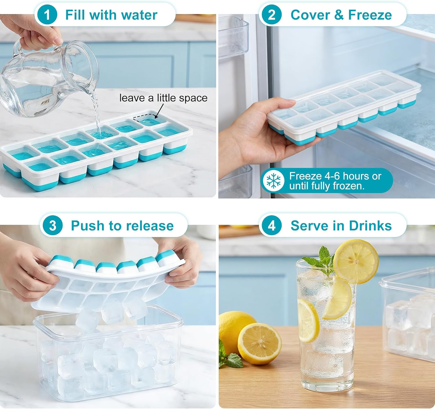 Ice Cube Tray with Lid & Bin - 4 Pack Stackable Silicone Trays for Freezer with Storage Container, Leak-Proof Lids, BPA-Free, Easy Release for Kitchen, RV, Cocktail, Party, Coffee & Drinks