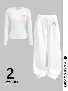 Women's Elegant Bowknot Tee Set, Casual Fitted Tops & Pants, All Seasons Comfortable, Versatile Daily Wear