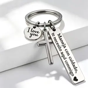 Maneja Con Cuidado Te Necesito Aquí Conmigo Keychain with Cross & "I Love You" Charm, Spanish Drive Safe Stainless Steel Keyring, Romantic Religious Gift for Him/Her