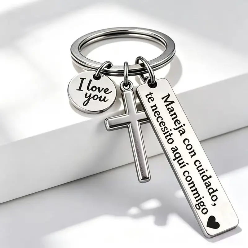 Unisex Modern Metallic Square Romance-Infused Faith-Themed Keychain - Stainless Steel Drive Safely Keychain with Spanish Lettering, Cross Charm, "I Love You" Accent, Durable for Everyday Use, No Easy Damage, Religious Gift for Partner