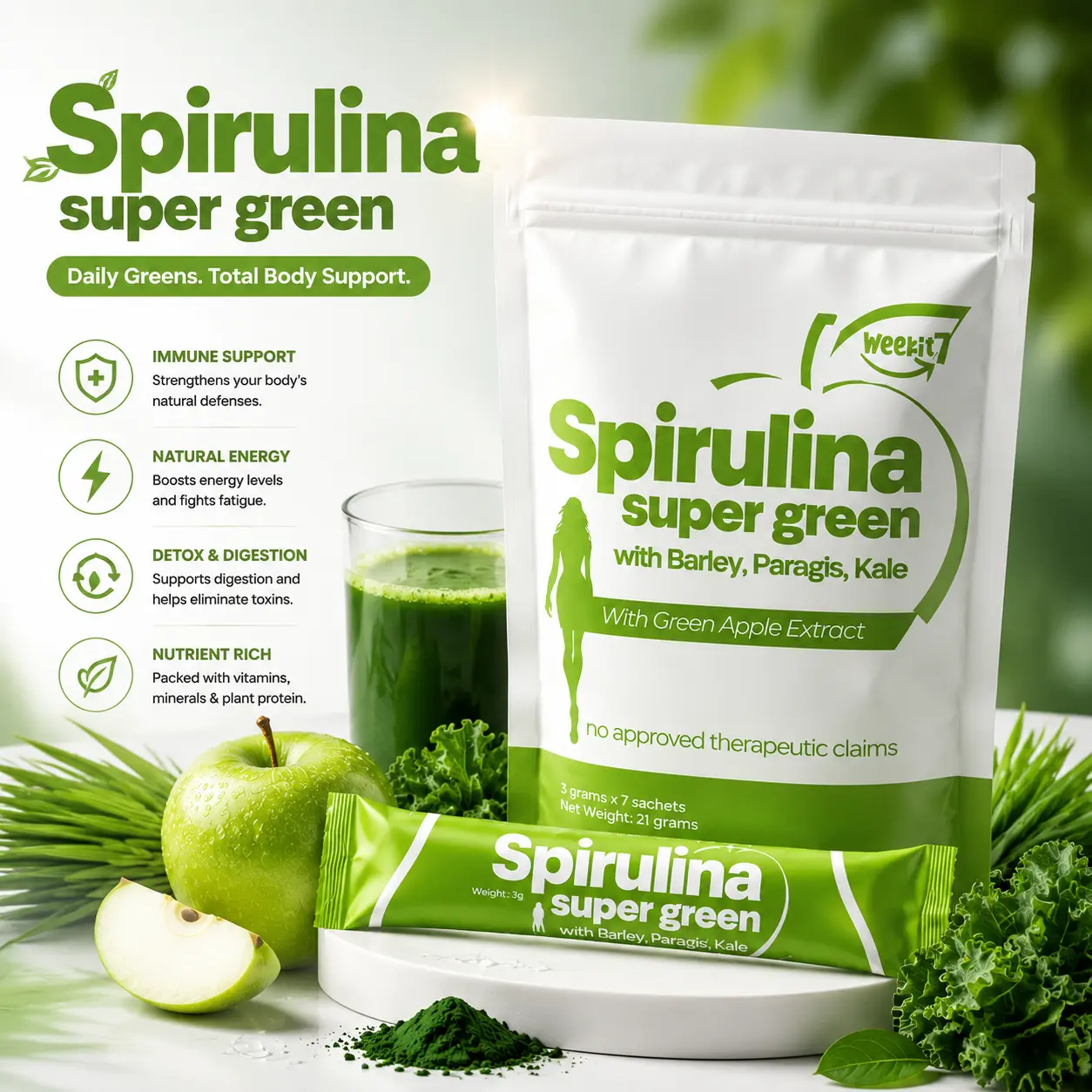 Weekit7 Paragis & Spirulina, Kale, and Barley Grass Daily Drink: Helps detoxify, alleviate bad breath, relieve digestive discomfort, and maintain healthy bowel regularity. MATET Recommended | Organic | Natural | Apple Flavor | Sugar-free Vitamin Drink