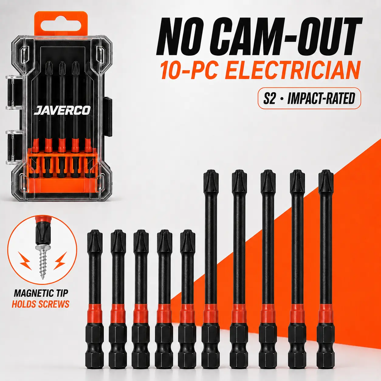 JAVERCO FPH2 Magnetic Impact Screwdriver Bit Set for Electricians, 10Pcs S2 Steel 65mm & 110mm, 1/4 Inch Hex Shank Cross Slot Screw Driver Drill Bits Used on Circuit Breakers,Outlets & Panel Wiring