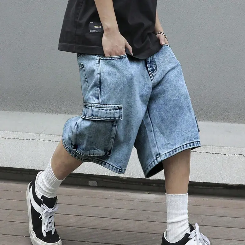Men's Solid Color Denim Cargo Shorts, Frayed Hem Shorts, Mid Waisted Shorts, Loose Casual Fashion Street Shorts for Summer, Men's Baggy Bottoms for Daily Wear, Cotton