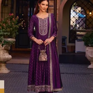 Elegant purple Art Silk Jacquard Anarkali Suit with Intricate Gold Embroidery V-neck Quarter Sleeves Resham Zari Sequins Work 48-inch Length