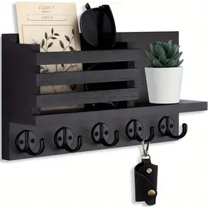 Holiday gift, wooden keychain, high load-bearing capacity, wall-mounted mail organizer with 5 hooks Easy-to-access storage rack, save home storage space, key rack wall-mounted key hanger wooden mail storage rack entryway rack envelope storage rack.