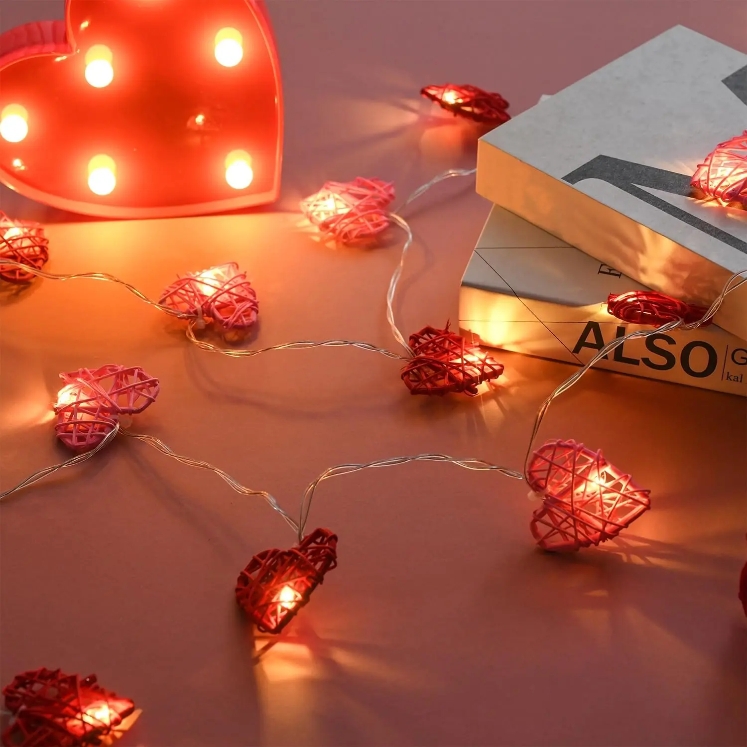 [Timer] Valentines Day Garland Lights Red Pink Heart Lights 10FT 20LED 3D Hollowed Rattan Heart String Light Battery Operated, Valentines Day Lights Romantic Valentines Decoration Bedroom Party