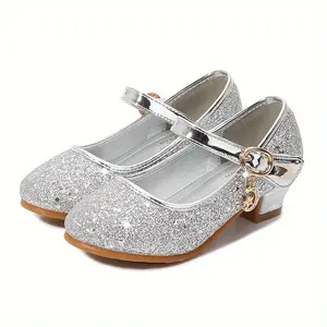 Glittery Youngsters' High Heels - Mary Jane Style Princess Shoes with Buckle Strap, Sparkling Party & Outdoor Footwear, Dressy Shoes |     Glittery Heels |     Faux Cover Upper, TPR Sole, Low Top Design