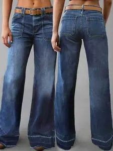 Deep Blue Dark Wash Denim Jeans, Multi-Pocket Comfortable Wide-Leg Women Jeans, Casual Basic Fitted Style, All Seasons Wear, Plain Pattern, Pants
