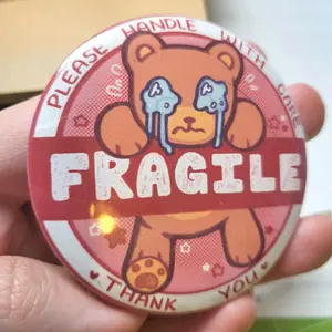 Fragile Warning teddy bear button || 2.25" pinback button badge