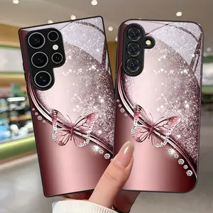 Pink gradient butterfly pattern phone case with lens protection, suitable for Samsung Galaxy A14 A15 A16 A23 A24 A25 A26 A32 A34 A35 A36 A52 A53 A54 A55 A56 S21/S22/S23/S24/S25/S26 FE/Plus/Ultra, anti-drop tempered glass protective case