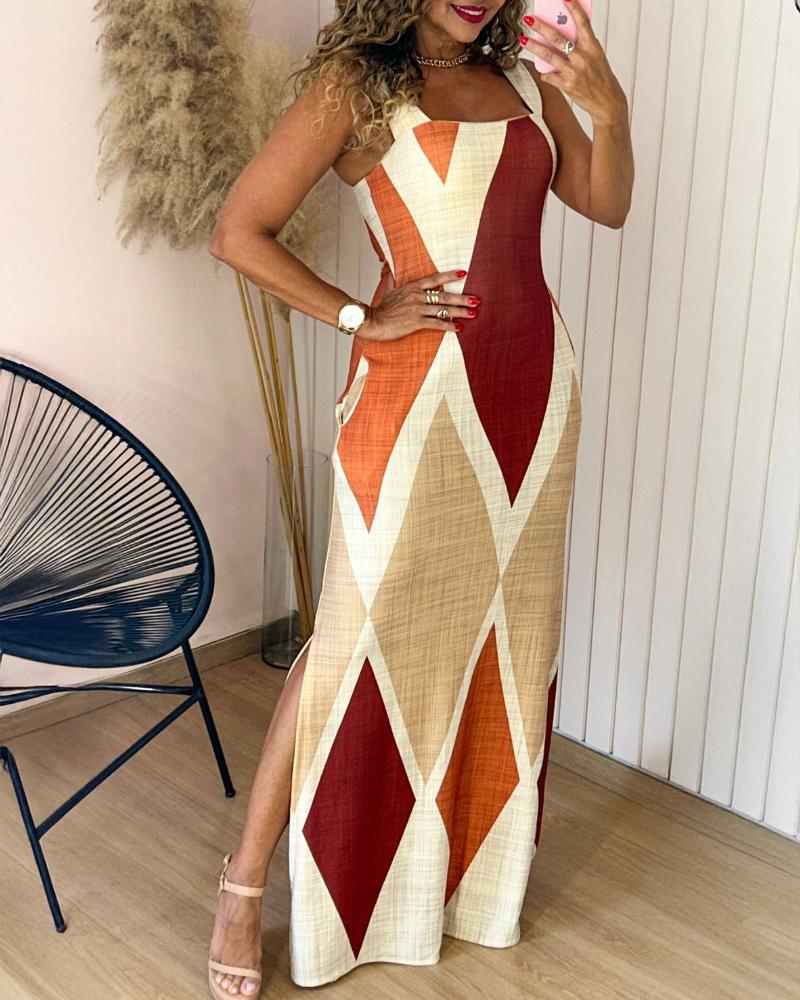ChicMe Women's Geometric Print Thick Strap Dress Casual Slim Fit Slit Maxi Dress with Pockets Summer Womenswear