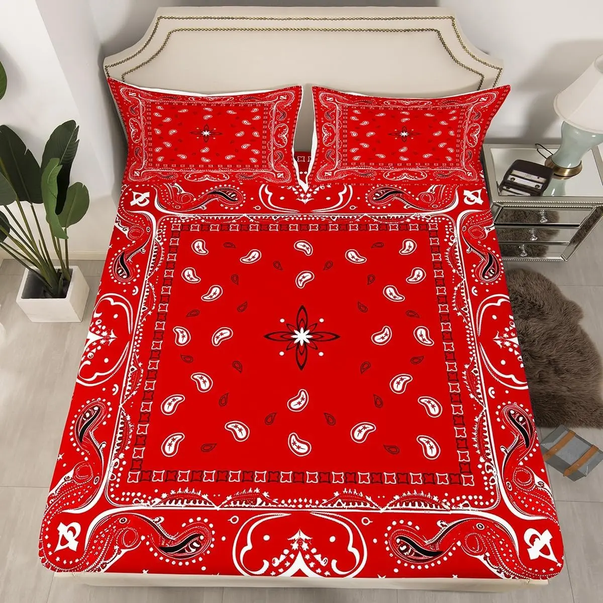 Feelyou Red Paisley Print Bedroom Bedding Set - Soft Polyester 3D Floral Sheets with Deep Pocket Fitted Sheets & Pillowcases, Chic Exotic Bed Linens for Any Room