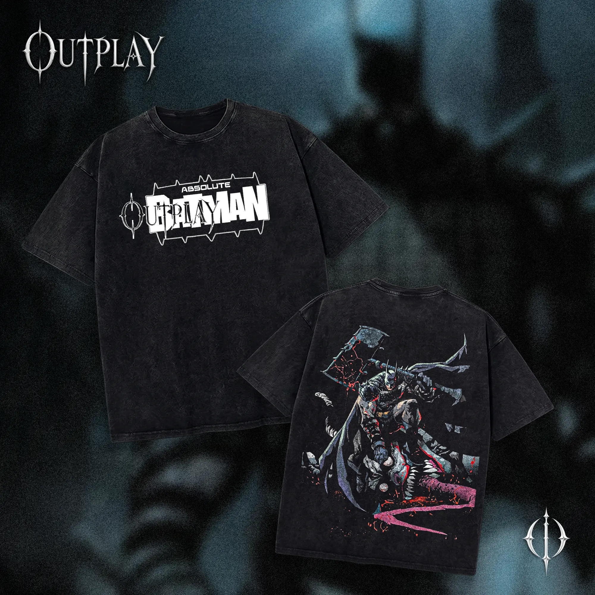 [OUTPLAY] Absolute Dark Knight Washed T-Shirt, Gothic Vigilante Vintage, Heavy Shadow Comic Streetwear, Men’s Cotton DTG Print