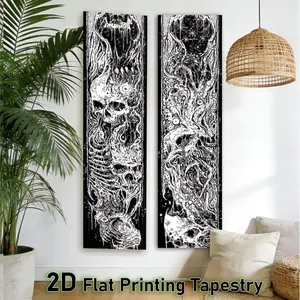 2D Flat - 2pcs Gothic Skulls Vertical Tapestry Set, Dark Ethereal Horror Design, Monochrome Sketch Style, Perfect for Bedroom & Dorm Décor, Home Decor