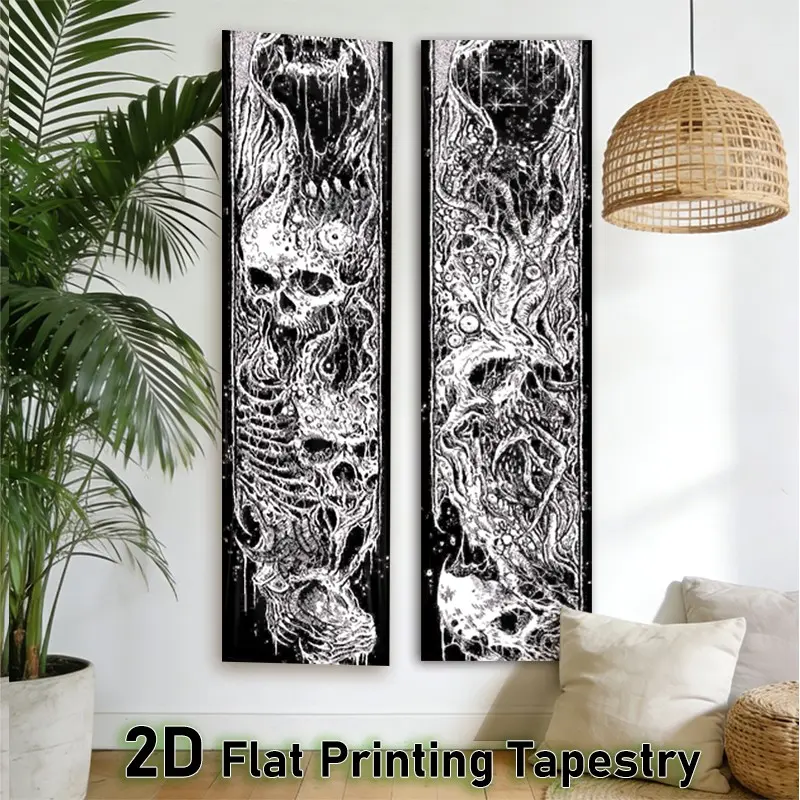 2D Flat - 2pcs Gothic Skulls Vertical Tapestry Set, Durable Decorative Tapestry, Dark Ethereal Horror Design, Monochrome Sketch Style, Perfect for Bedroom & Dorm Décor, Living Room Wall Decor, Home Decor