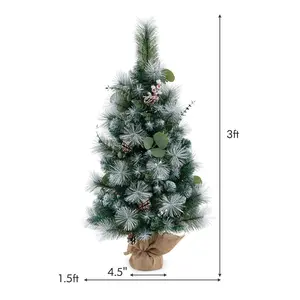 COSTWAY - 3 FT Pre-Lit Artificial Mini Christmas Tree with 98 Flocked PVC and Pine Needles