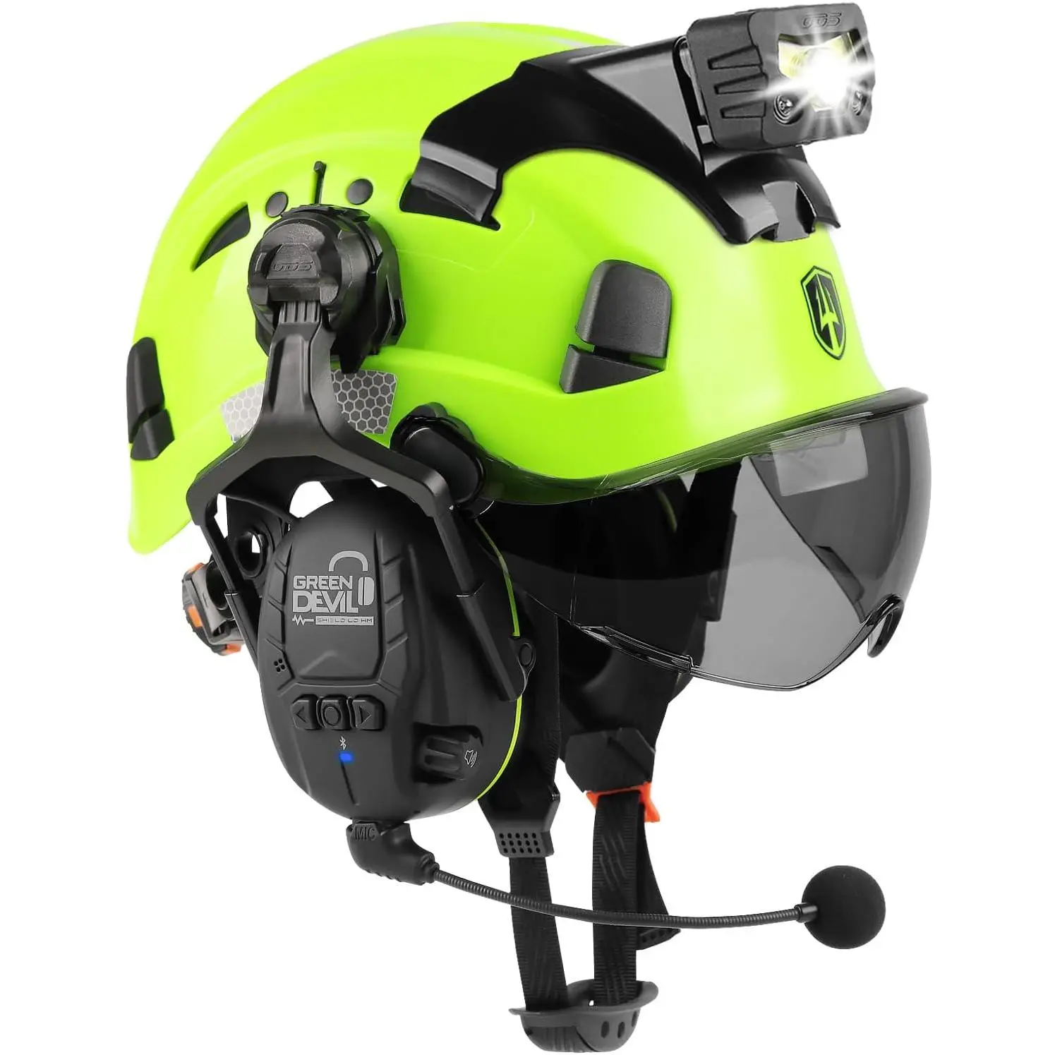 Vented 5-in-1 Hard Hat with Bluetooth 5.3 Ear Muffs, Rechargeable Clip-on Headlamp & Face Shield Visor for Construction & Forestry, 6-Point Adjustable Ratchet Suspension (6.5-8.25 in), Draw String Bag, Reflective Stickers, Safety Helmets, Safetyequipment,