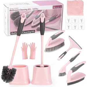 14 Pcs Bathroom ing Tools with Toilet Brush, Scrub Brush, ing Brush for Toilet, Bathtub, Pink Toilet Brush and Holder Set with Ergonomic Handle and Sturdy Bristles