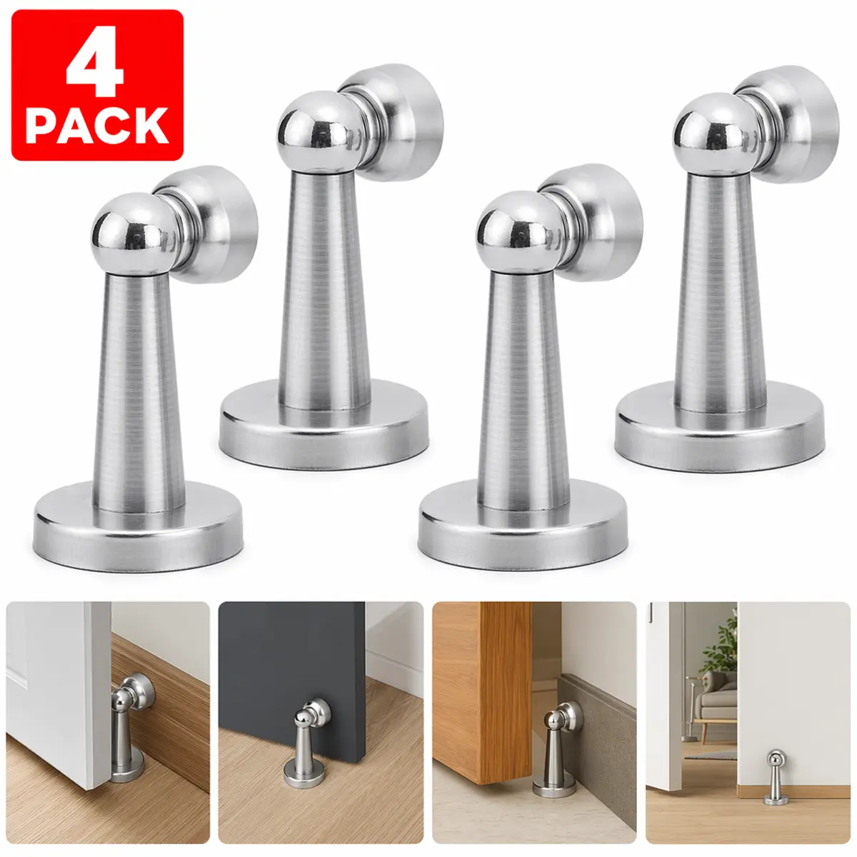 4PCS Stainless Steel Metallic Magnetic Door Stop Holder, Shock Absorption Hardware Fitting for Residential Doors & Home Use, with Mounting Screws Catch, Hotels