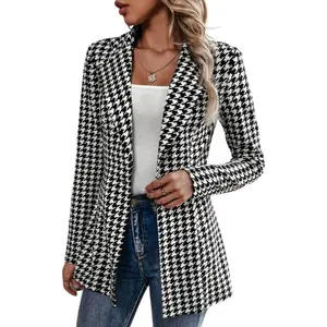 Women's Business Open Front Notched Lapel Slim Fit Jacket Printed Tweed Plaid Button Trendy Work Office Blazers Outwear Long Sleeves Casual Suit Jacket - Elegant