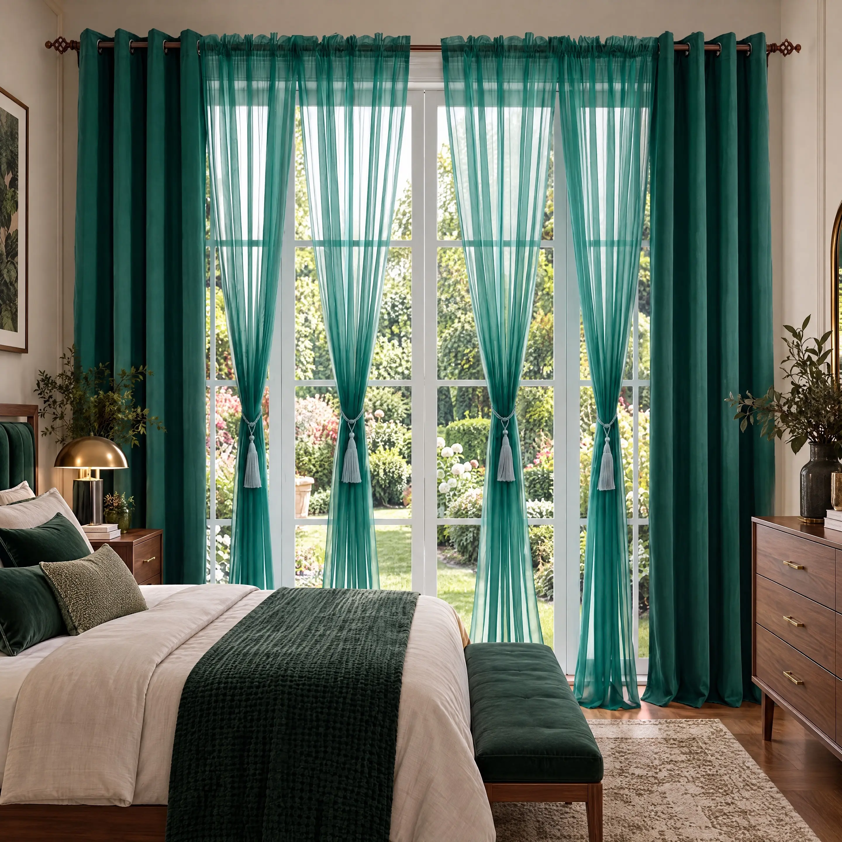 OPULENT CURTAIN Room Darkening Blackout Curtains + Plain Voile Sheer Curtain Combo (6-Panels), Grommet/Rod Pocket Drapery Style, Thermal Noise-Reducing Low Iron Wrinkle-Resistant Rustic Farmhouse Curtains for Bedroom, House Decor, QF222 FT2508