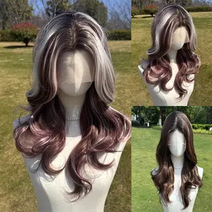 SMILCO 22Inch 13*4  Mixed Burgundy & Silver Blonde Highlights  Free Part Long Wavy Layer Cutted Glueless Natural Hairline 100% Futural Fiber Synthetic Lace Front Wig SM9682M