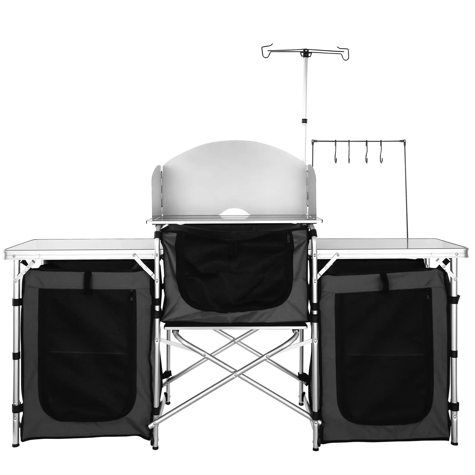 VEVOR Aluminum Alloy Camping Kitchen Table - Lightweight X-Frame Base Cook Station with 3 MDF Cupboards, Windproof Screen, Compact Fold, 26in-47.6in Adjustable, 31.1x5.7x19.7in, 49.8x11.8in, 68.5x18.1x69.3in for Picnics, RV Traveling