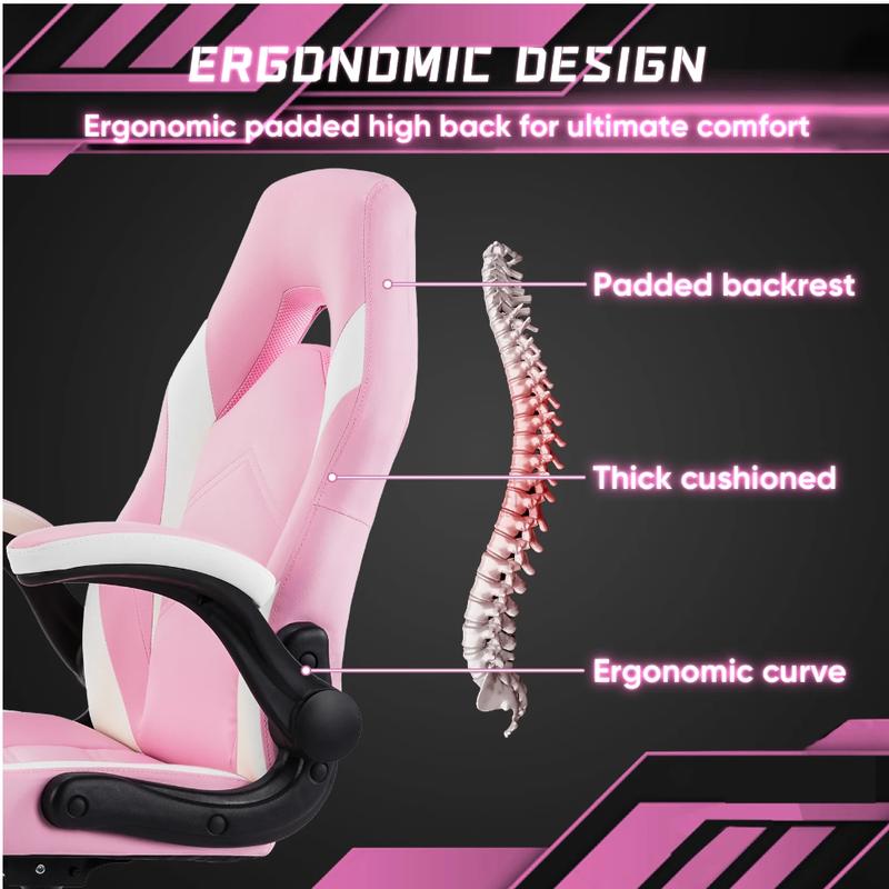 Ergonomic PU Leather Computer Gaming Chair, Adjustable Swivel Racing Chair with Flip-up Armrest, Pink White