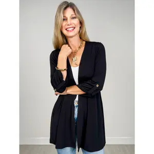 3/4 Sleeve Open Front Lightweight Cardigan in Black