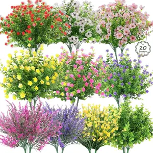 20 pieces of outdoor artificial flower bouquets, Artificial flower arrangements, with UV protection, with plastic artificial shrub plants, suitable for gardens, patios, porches, homes, weddings, outdoor hanging decorations