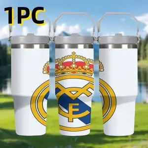 1pc 30oz Royal Madrid Stainless Steel Insulated Travel Mug, Insulated Tumbler with Handle, Dual-Layer Thermal, Double Wall Insulated, Leak-Proof Lid, Reusable Gift for Parents & Friends