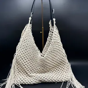 High-end cotton thread straw woven bag for women, new handmade woven bag, vacation beach bag, large-capacity shoulder tote bag