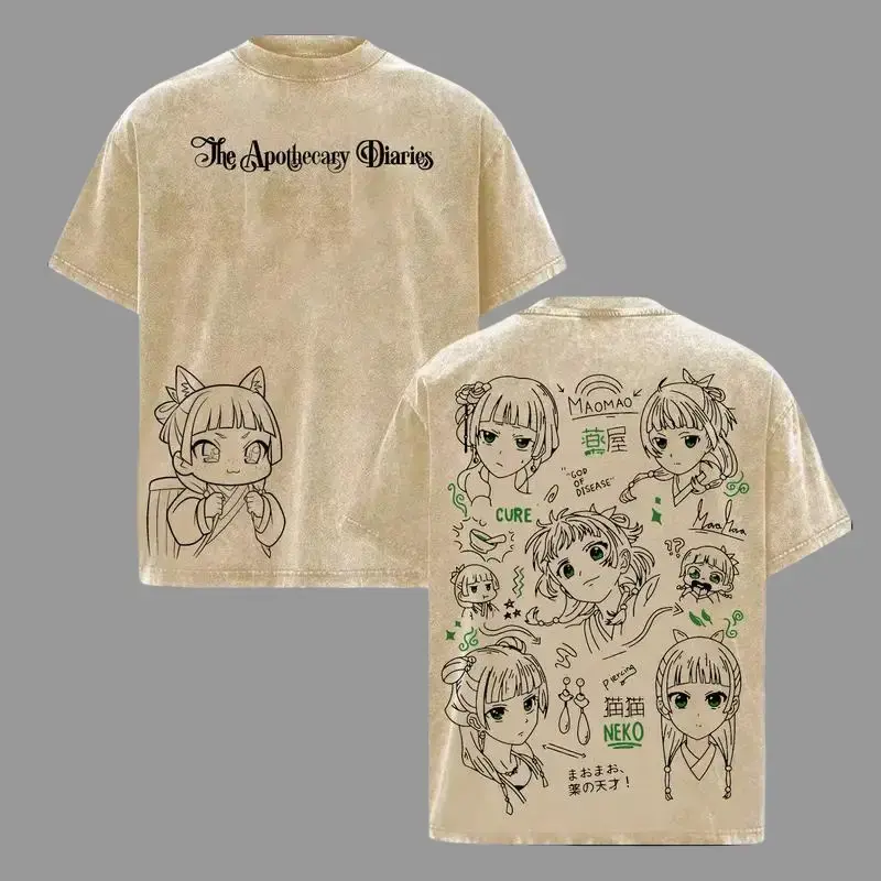 Maomao The Apothecary Diaries Washed Vintage Heavy Cotton Oversized Anime Manga T-Shirt - Double-Printed Japanese Retro Streetwear Graphic Top, Imperial Palace Mystery Edition, Unisex Crewneck (S,2XL,3XL), Cold Wash Compatible, 7-Day Return Policy, Casual