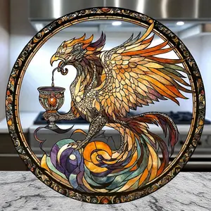 Stained Glass Style Phoenix Suncatcher, 8-in Hanging Round Faux Window Decoration, Home & Garden Decor Ornament, Ideal Gift
