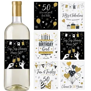 50th Birthday Party Decoration – Waterproof Wine Bottle Labels, Black and Gold (Set of 6)