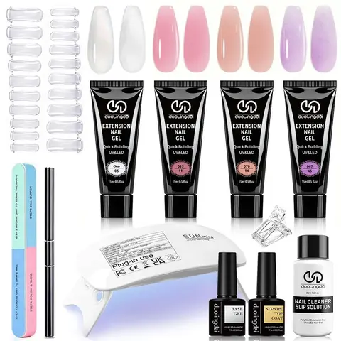 4 Color Poly Gel Nail Kit, 1 Set Professional Builder Gel Nails with Portable UV Lamp, DIY-Friendly for Beginners, Nail Extension Kit, Nail Art Kit for Women & Girls, Nail Care, Manicure, Polygel Nail Kit