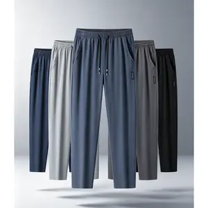 Men's Ice Silk Joggers - Breathable Mid-Elastic Fabric, Elastic Waistband Design, Straight-Leg with Pockets - Solid Color Outdoor Casual Sports Pants, Machine Washable, Comfort Fit, Versatile Style, Durable Material, Perfect for Gym Enthusiasts, Athletic