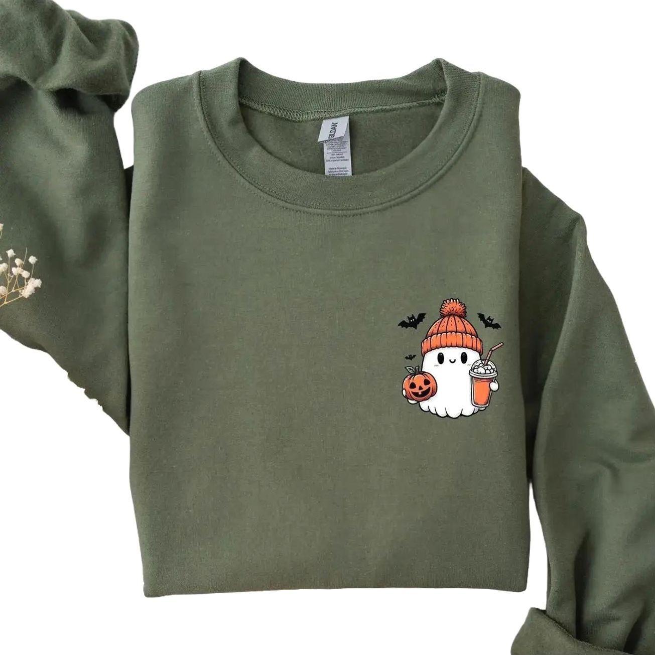 Cute Ghost Coffee Sweatshirt, Pocket Pumpkin Spice Latte Crewneck, Spooky Season Sweater, Cute Ghost Graphic Shirt, Cozy Autumn Aesthetic Apparel, Halloween Outfit for Women, Fall Season Clothes, Cute Halloween Gift for Coffee Lover