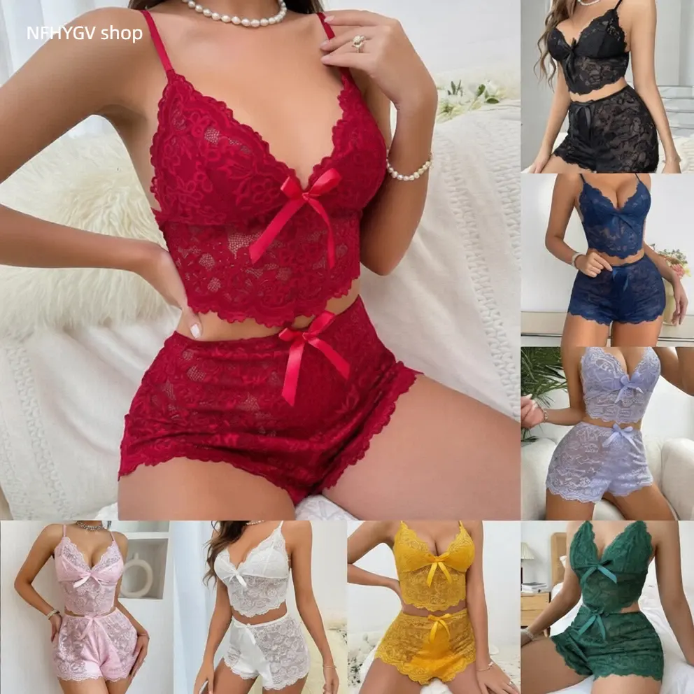 Multi Color Scalloped Lace V Neck Bow Cami Shorts Two Piece Pajama Set, Sheer Mesh Lingerie Loungewear, Soft Sleepwear For Women Bedroom Relax Honeymoon And Indoor Casual Styling