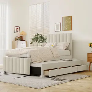 [Bellemave]Twin Size Upholstered Platform Bed with Trundle and 3 Drawers, Linen Fabric, Beige