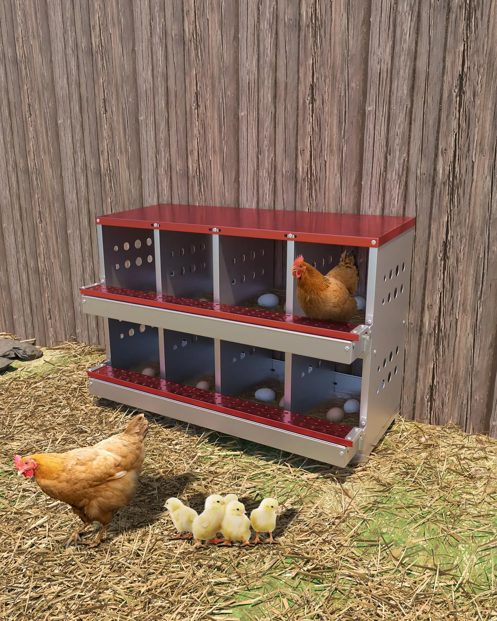 YJ-Garvee Roll-Away Egg Saver Chicken Nesting Box, 8-Compartment Galvanized Steel Roll Out Laying Boxes for Hens - Ventilated Rustproof Waterproof - Perch Rod - Pull-Out Egg Tray - Red