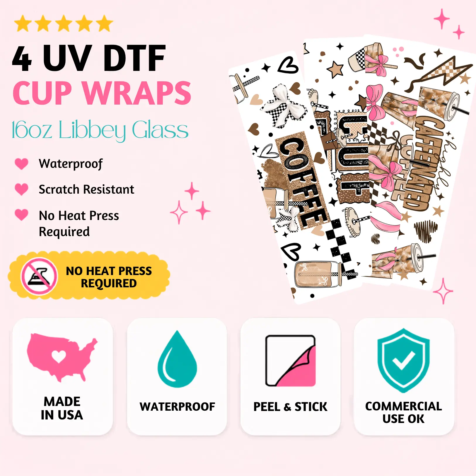 Coffee UV DTF Cup Wraps | 4-Pack 16oz Libbey Glass | Peel & Stick Waterproof | No Heat Needed