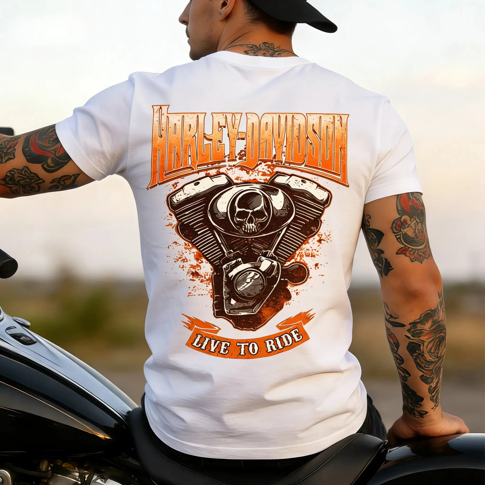 Men's Vintage Biker Tshirt - 'Live to Ride' Graphic, Casual Short-Sleeve Relaxed-Fit Round-Neck Streetwear Sports Top